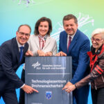 Alexander Dobrindt (L-R) German Minister of the Interior; Dorothee Baer, German Minister of Research, Technology, and Space; Sven Schulze, Minister-President of Saxony-Anhalt, and Anke Kaysser-Pyzalla, Chairwoman of the Executive Board of the German Aerospace Center (DLR), open the Technology Center for Drone Safety and unveil the commemorative plaque bearing the institution's name. The Technology Center for Drone Safety is located at the DLR site in the Cochstedt district. Photo: Klaus-Dietmar Gabbert/dpa
