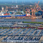 Cars are being loaded at the Port of Emden (photo taken with a drone). Photo: Sina Schuldt/dpa
