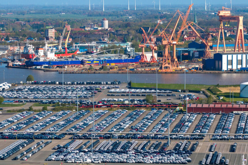 Cars are being loaded at the Port of Emden (photo taken with a drone). Photo: Sina Schuldt/dpa