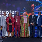 Director General of Ghana Broadcasting Corporation, GBC, Professor Amin Alhassan (IN burgundy) flanked by Shamima Muslim-right- Deputy Governmnet Spokesperson and Rebecca Ekpe-Right- Vice President, Ghana Journalists Association, GJA.