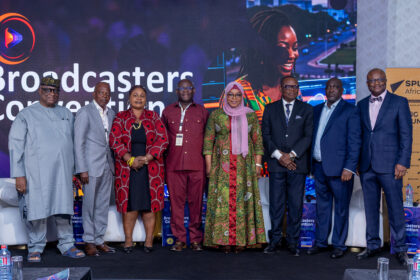 Director General of Ghana Broadcasting Corporation, GBC, Professor Amin Alhassan (IN burgundy) flanked by Shamima Muslim-right- Deputy Governmnet Spokesperson and Rebecca Ekpe-Right- Vice President, Ghana Journalists Association, GJA.