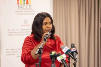Rebecca Ekpe, Vice President, Ghana Journalists Association, GJA, speaking at Press Soiree by NCCE.