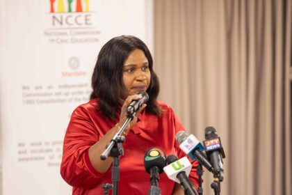 Rebecca Ekpe, Vice President, Ghana Journalists Association, GJA, speaking at Press Soiree by NCCE.