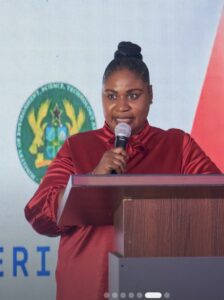 GJA Vice President Rebecca Ekpe speaking at UK MEET Event in Accra.