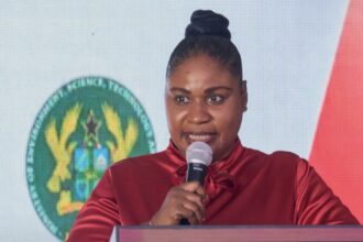 GJA Vice President Rebecca Ekpe speaking at UK MEET Event in Accra.